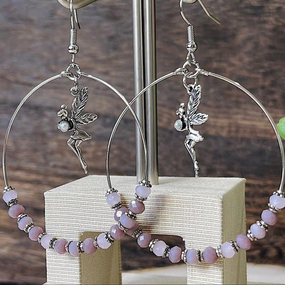 Hand Crafted Jewelry - Silver FAIRY EARRINGS BELIEVE in MAGIC hoop FAIRY CRYSTAL BALL EARRINGS new